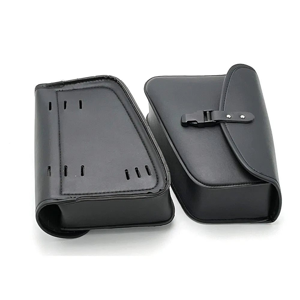 Black motorcycle swingarm side saddlebag mounted on Harley Davidson Sportster