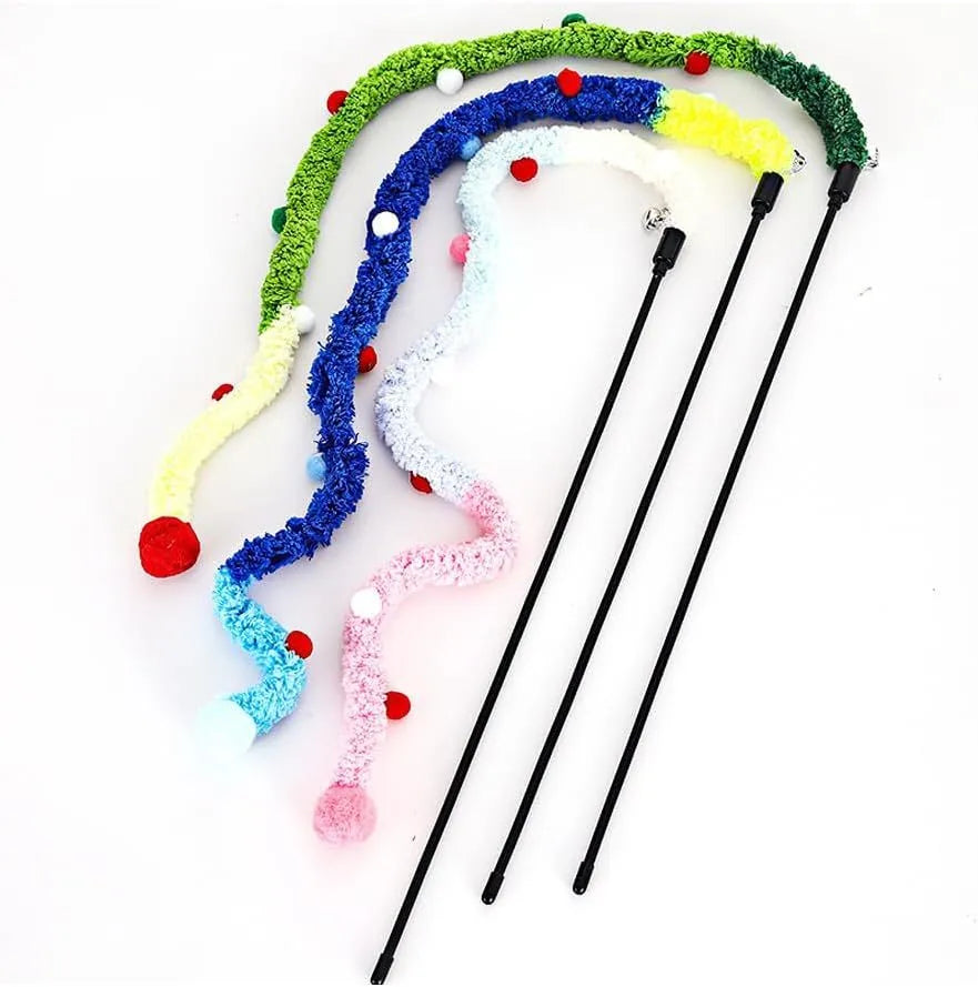 Colourful cat wand toy with plush strip, fluffy ball and bell on 41cm pole