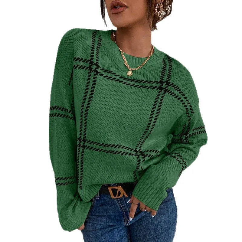 Women's loose fit plaid colour-block acrylic pullover sweater with striped pattern.