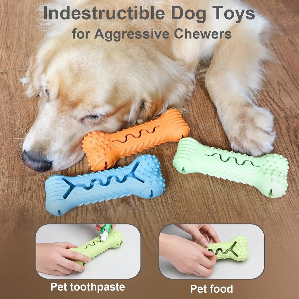 Blue green orange bone-shaped natural rubber dog chew toy for aggressive chewers