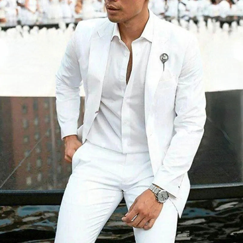 White slim fit two-piece wedding suit for grooms and groomsmen with extended XS to 5XL sizing