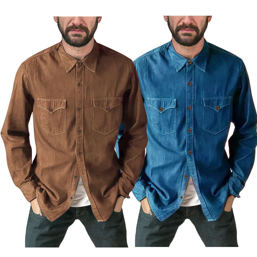 A man or woman wearing a regular-fit denim cardigan coat in khaki, showcasing button-front style.