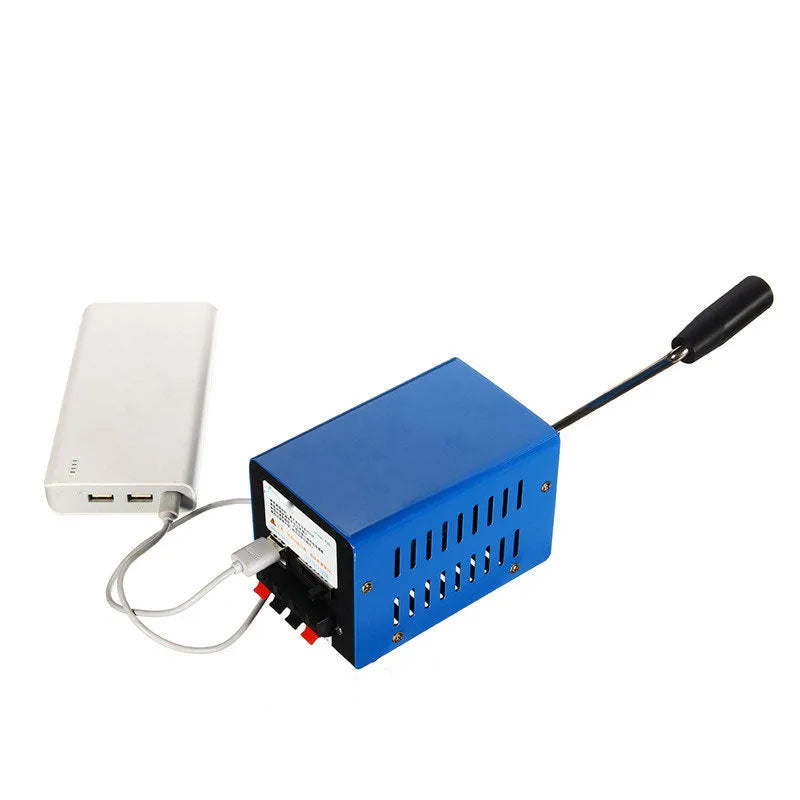 Blue metal hand crank USB power generator with anti-slip pads, dimensions 125mm x 80mm x 85mm.