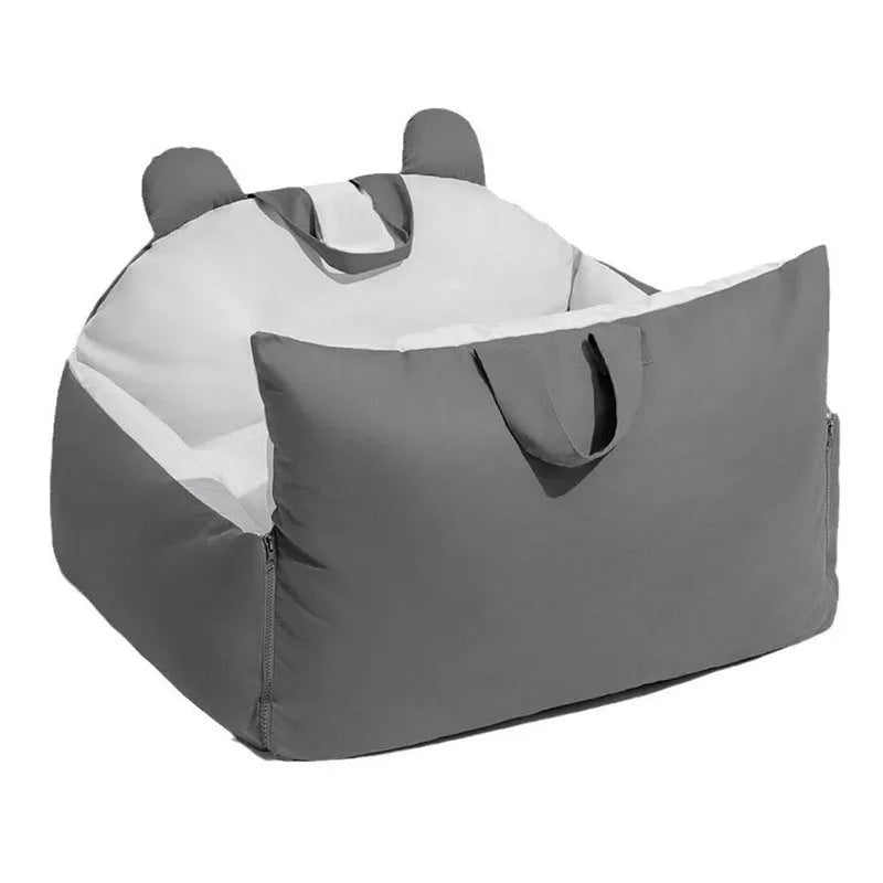 Universal removable washable dog car kennel in blue beige colour, shown in L size 70x60x30cm