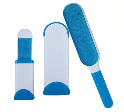 Reusable pet hair removal brush with double-sided roller and self-cleaning base