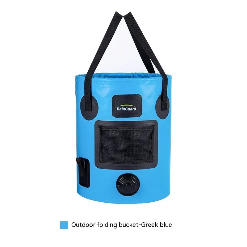 Plastic folding fishing bucket showing collapsible design and colour options with optional net pocket