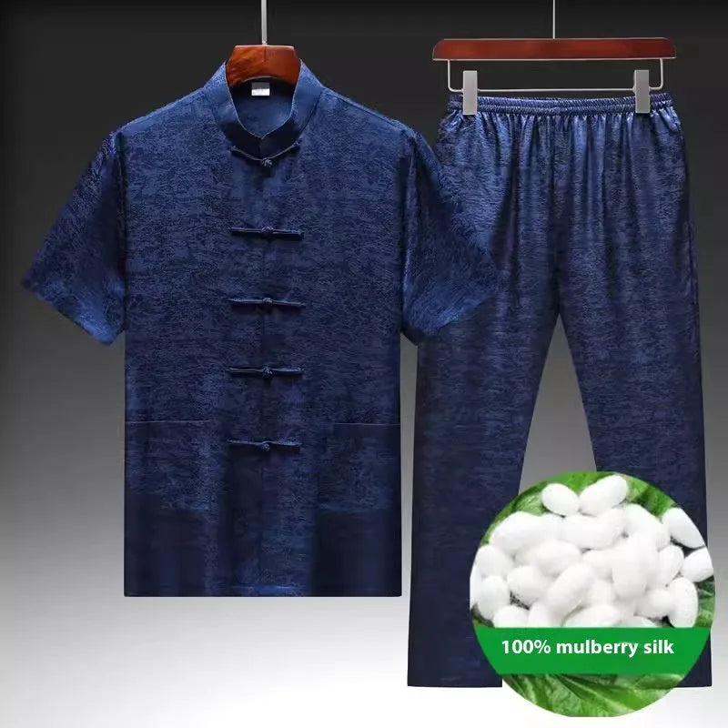 Men's traditional Chinese-style Tang suit made from mulberry silk satin in light green, navy, or white.
