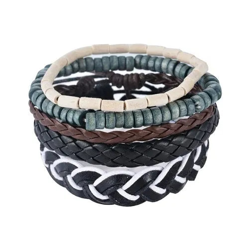Adjustable leather punk wrap bracelet with wooden beads and multilayer design