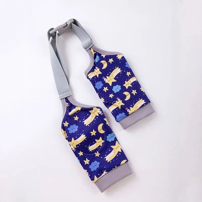 Blue dog knee protector pad with thick elbow padding and adjustable strap, shown with a matching scarf.