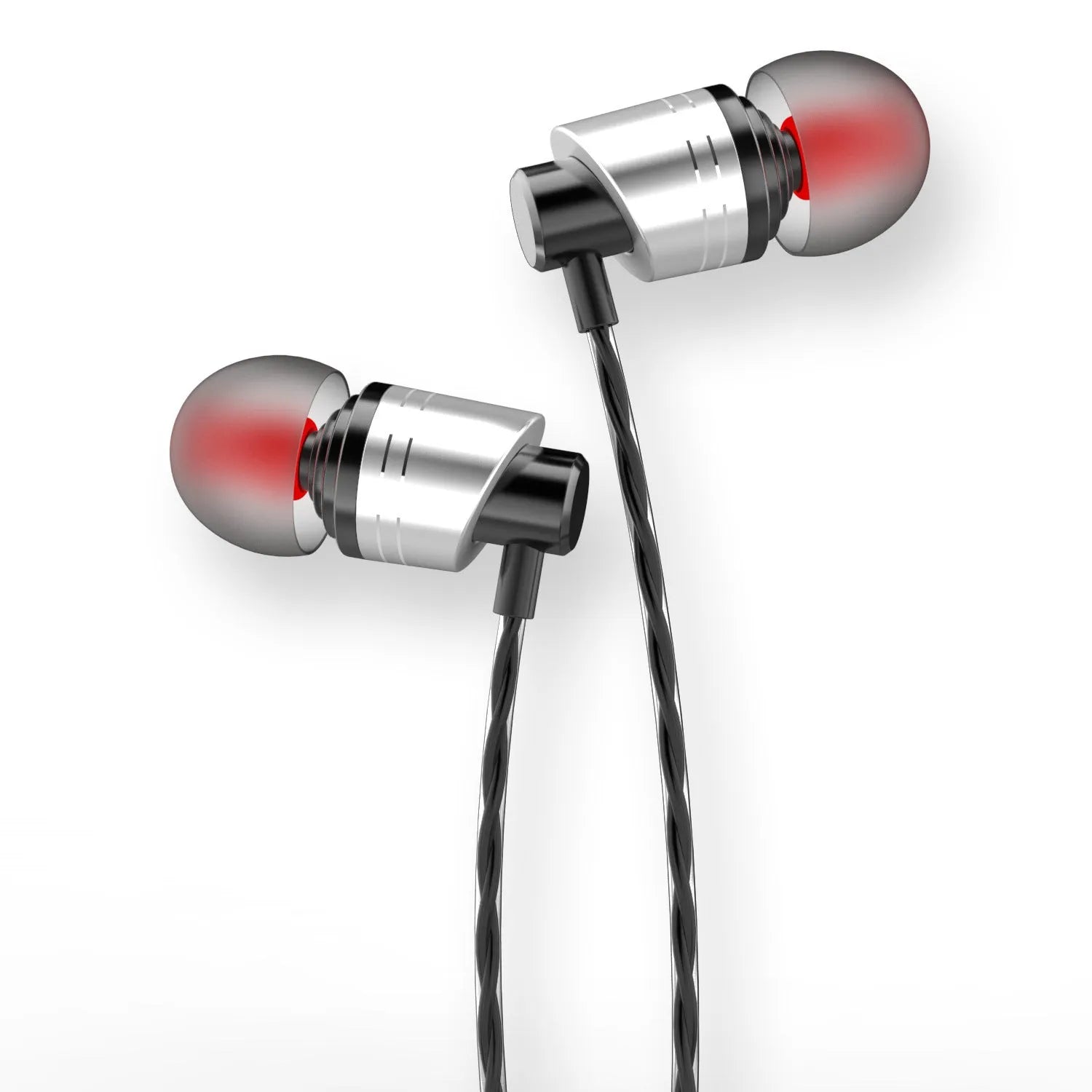 Wired headphones with microphone, 1.2m black cable, 3.5mm plug, and silicone earplugs