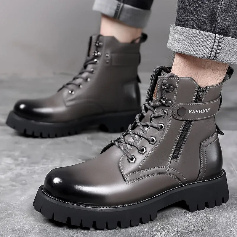Men's light brown Martin boots with thick rubber sole and side zipper detail