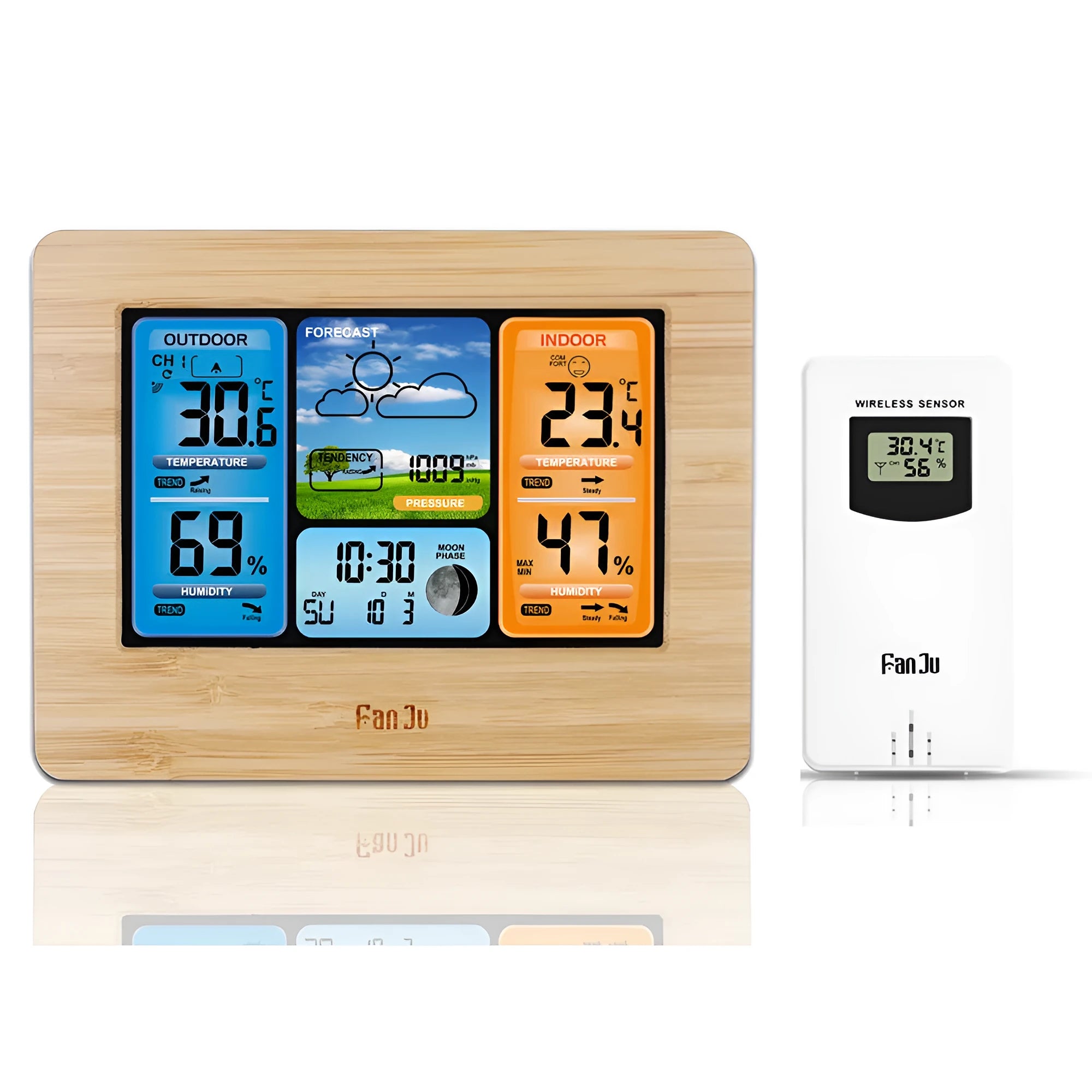 Black rectangular digital weather station with LCD display showing temperature, humidity, and weather data