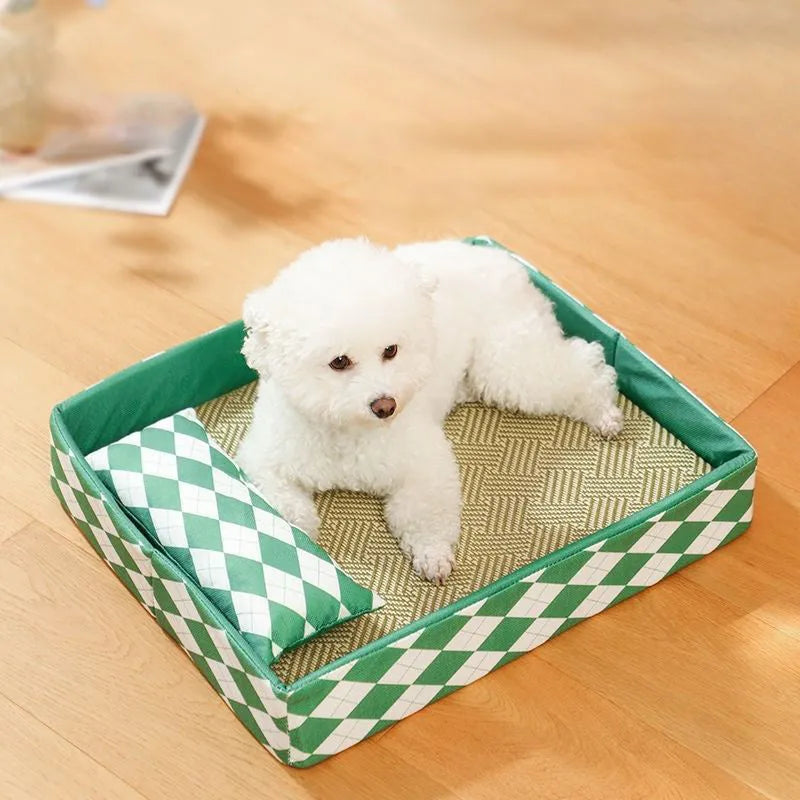 Blue woven rattan cat mat serving as a litter mat and summer bed for kittens and cats.