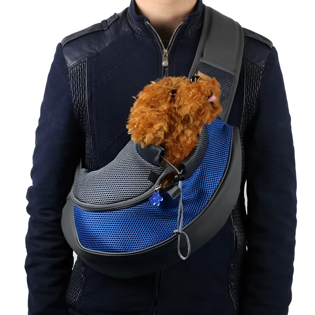Blue pet carrier backpack for small dogs or cats with mesh window and adjustable straps