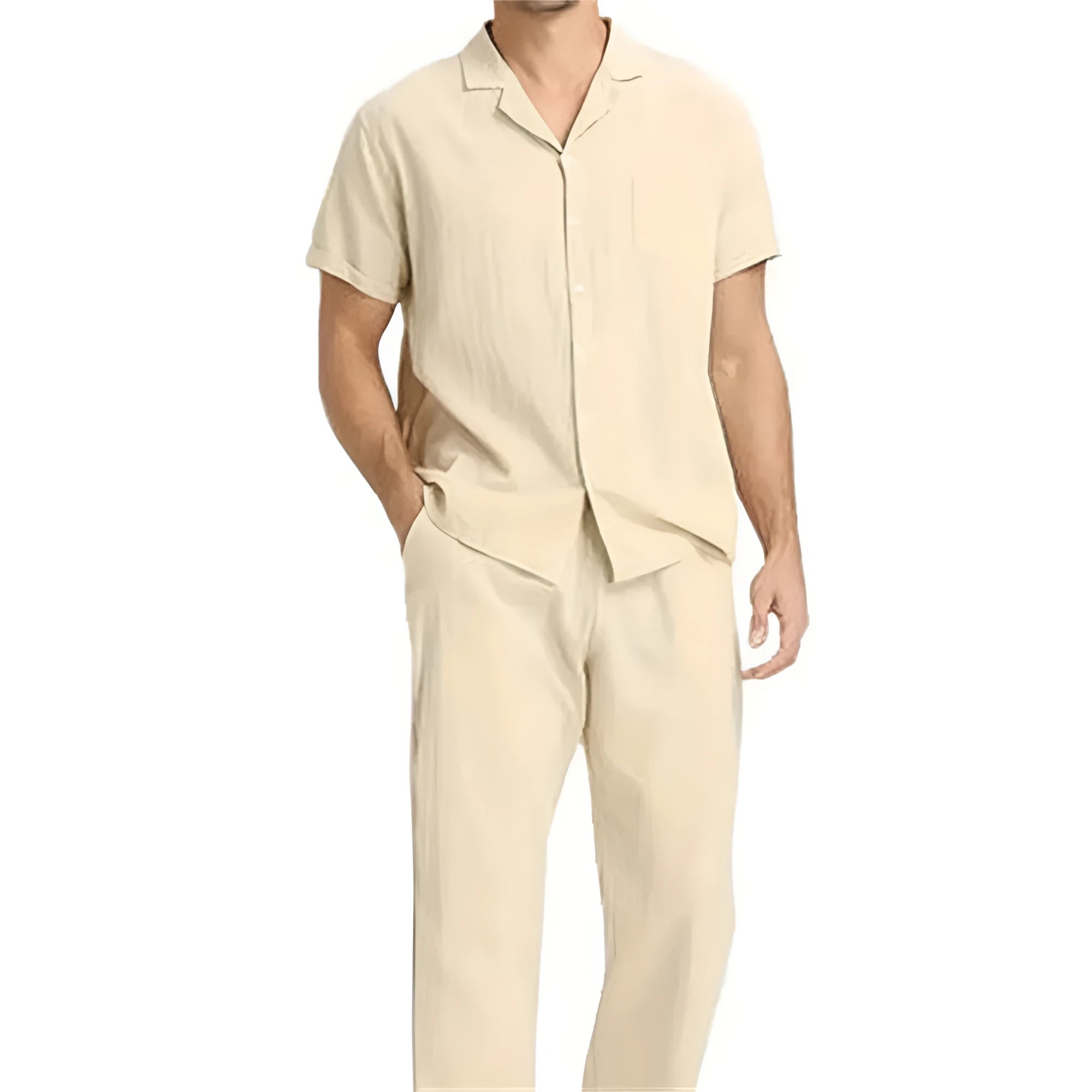Men's cotton blend casual exercise short sleeve suit set in khaki with top and pants on a model