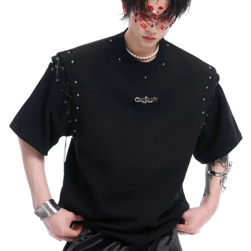 Women's black deconstruction lace-up cutout short sleeve t-shirt on a hanger.