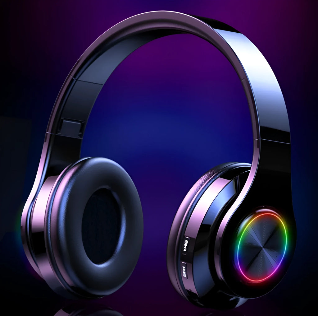 Black T6 wireless Bluetooth over-ear headset with microphone shown on a stand.