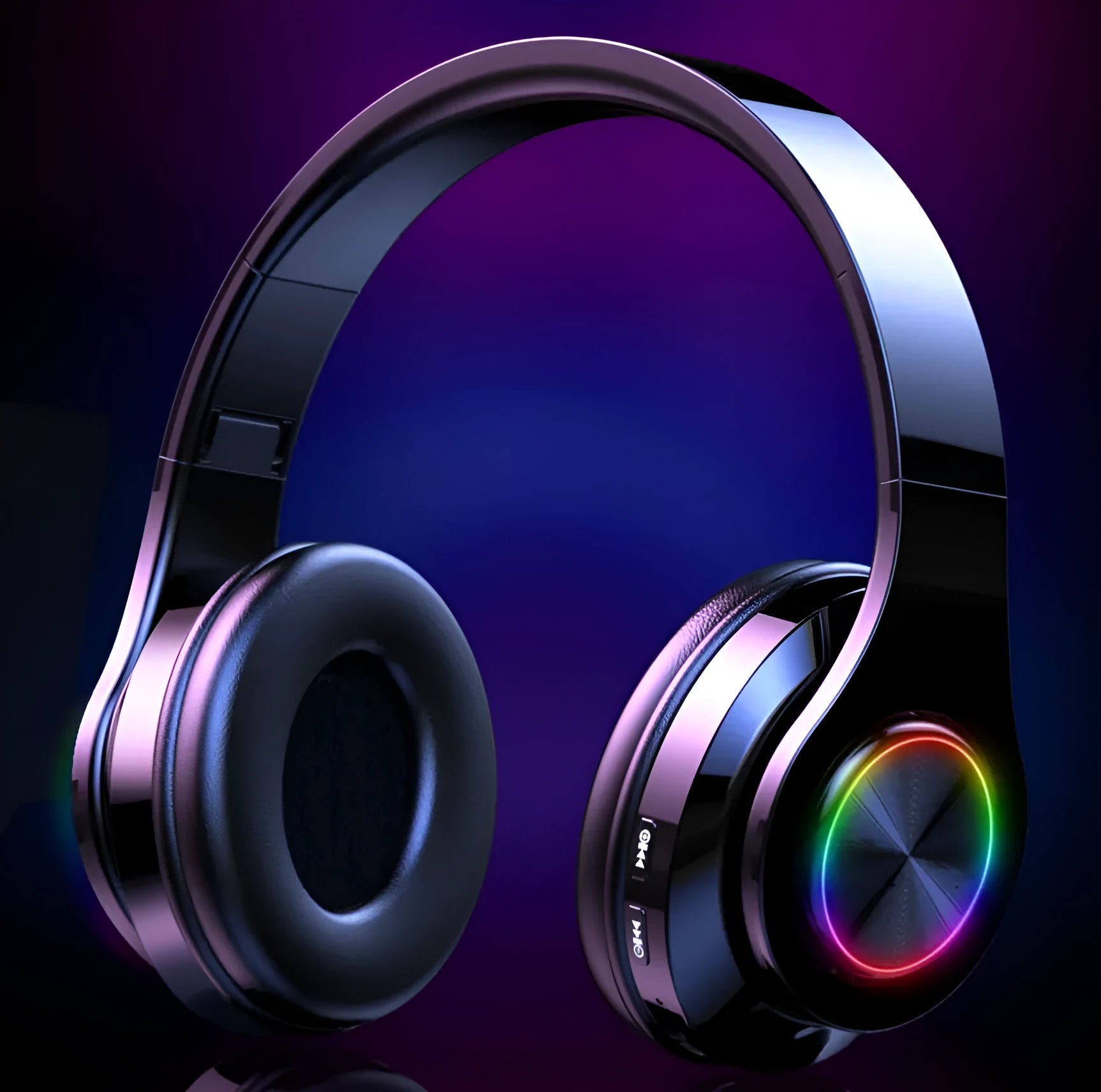 Black T6 wireless Bluetooth over-ear headset with microphone shown on a stand.