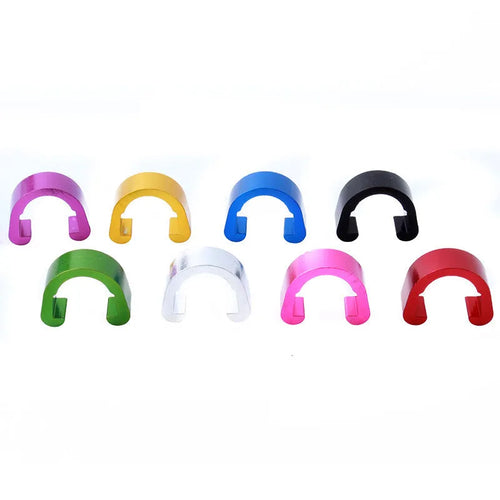 Set of ten small aluminium alloy C-shaped buckles in assorted colours including black, blue, gold, and pink.