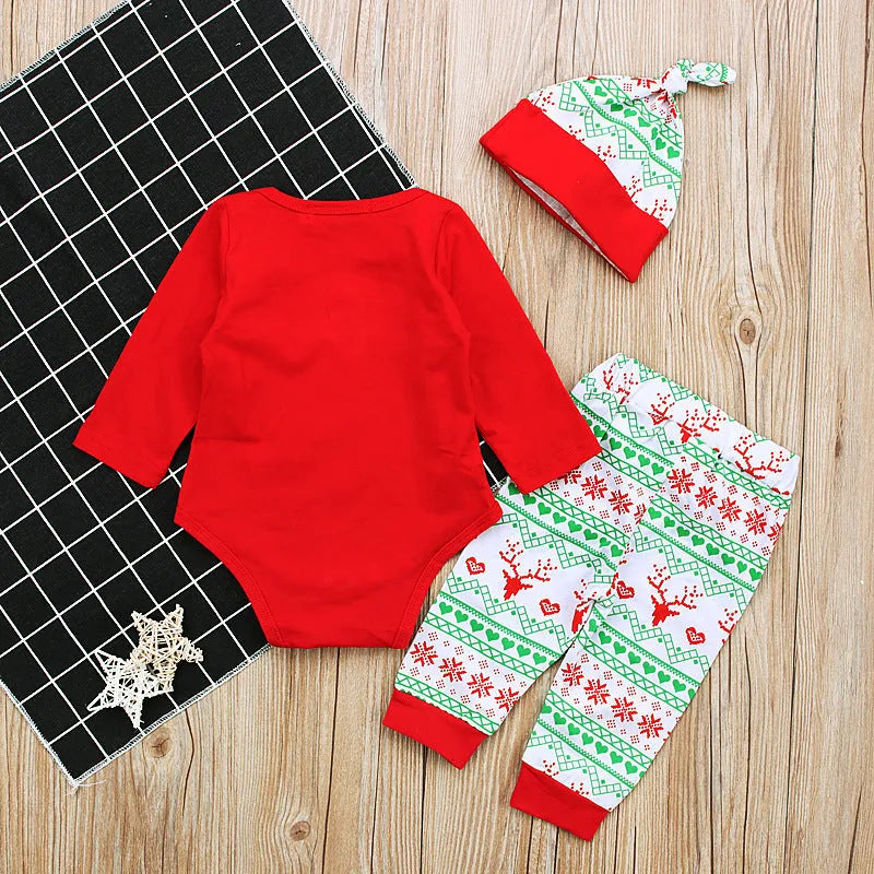 Red long sleeve cotton letter print baby jumpsuit set with pants and hat for heights 70-100