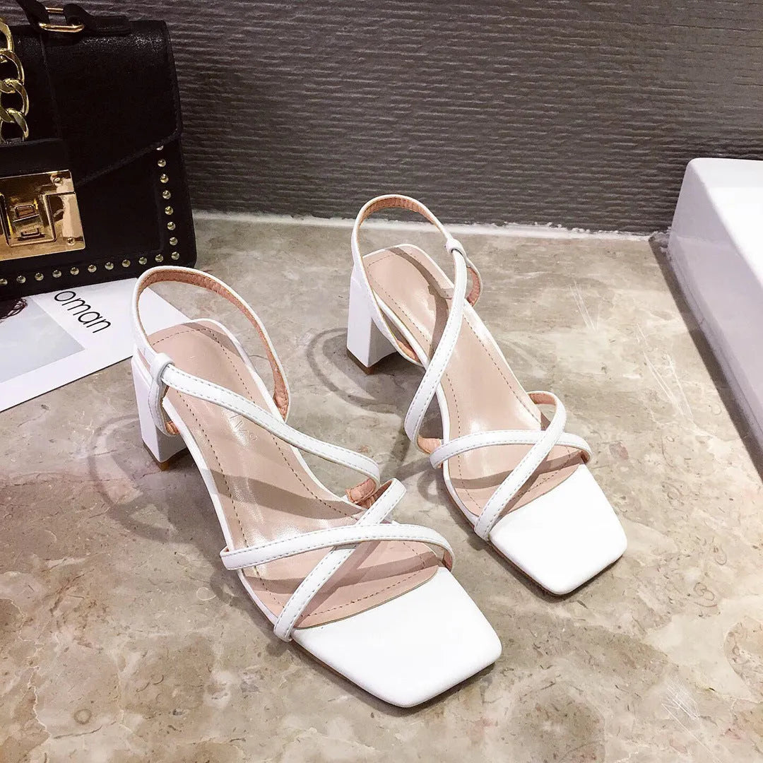 Women's white thick heel sandals with wedge sole over 8cm height, low-top design with back-empty style