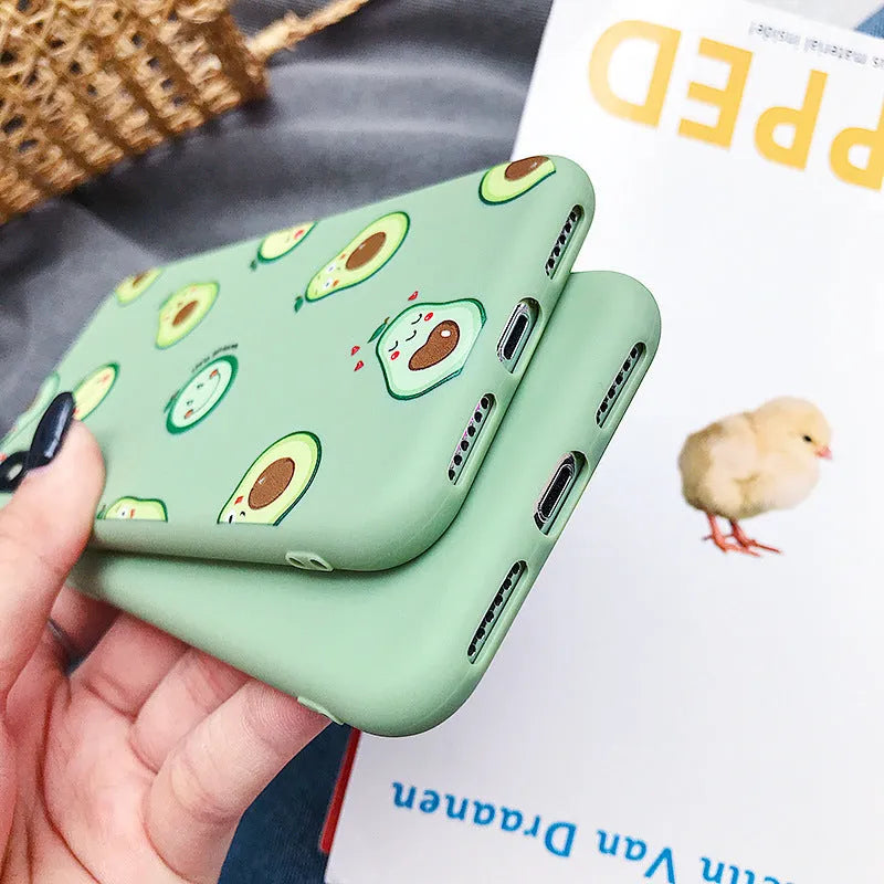 Green avocado cartoon design on a flexible TPU smartphone back cover case.