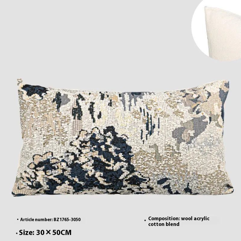 Antique blue decorative cushion with abstract floral artistic pattern on wool blend fabric, shown in square and rectangular sizes.