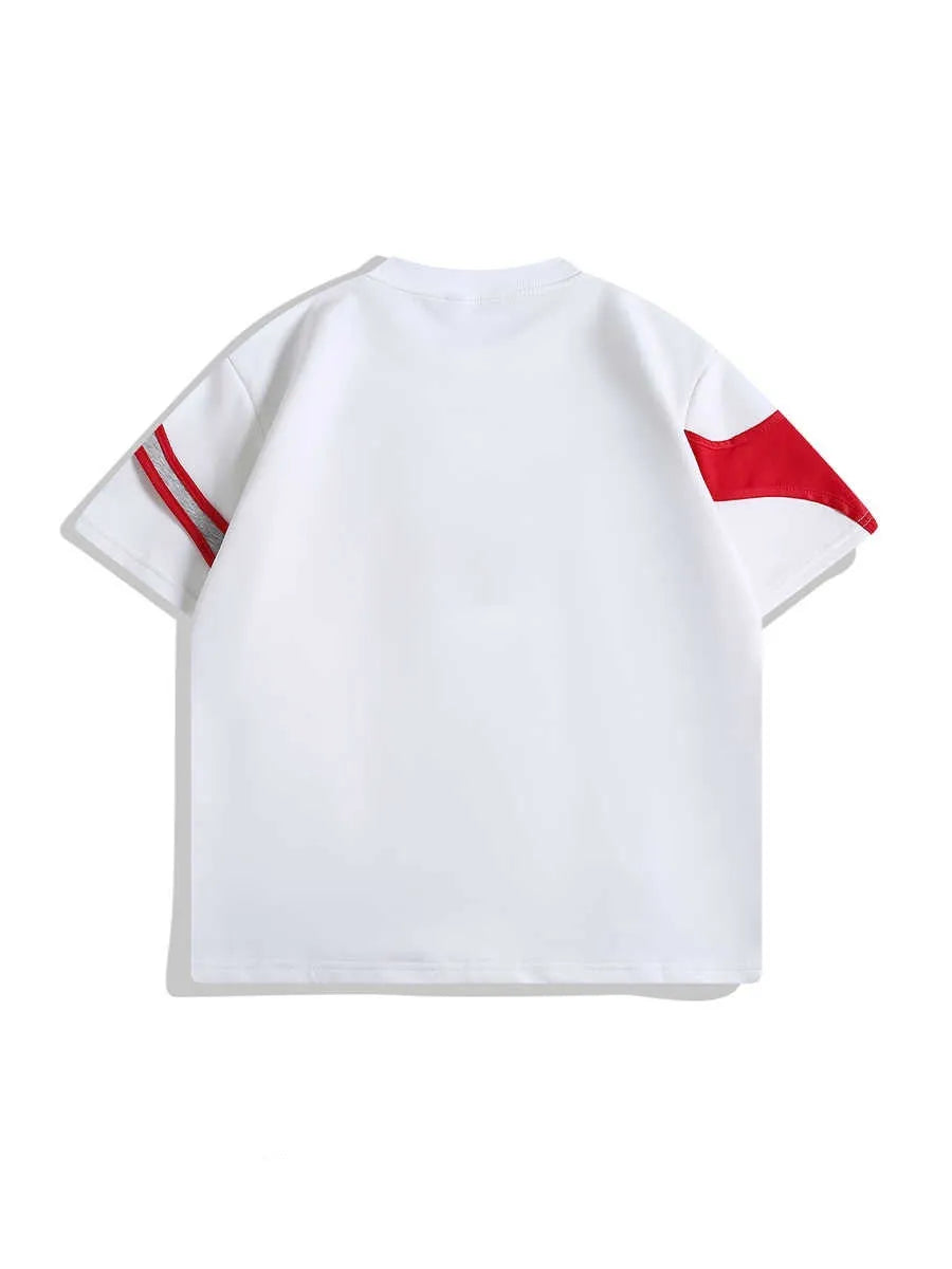 Black and white men's T-shirt with padded shoulder straps and double-layer stitching in loose fit