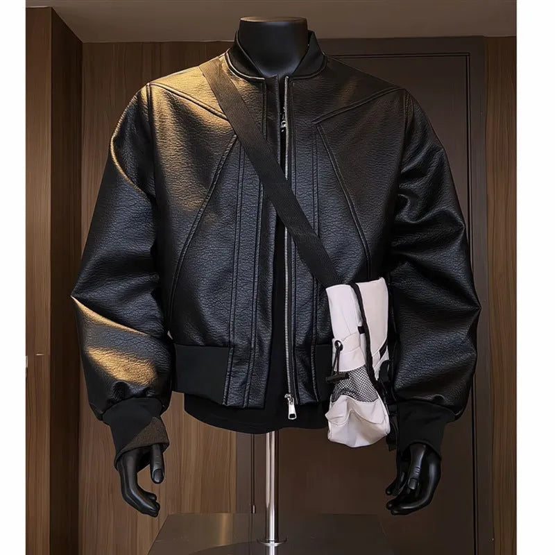 Men's black PU leather litchi grain jacket with extended length and tight-fit business casual style