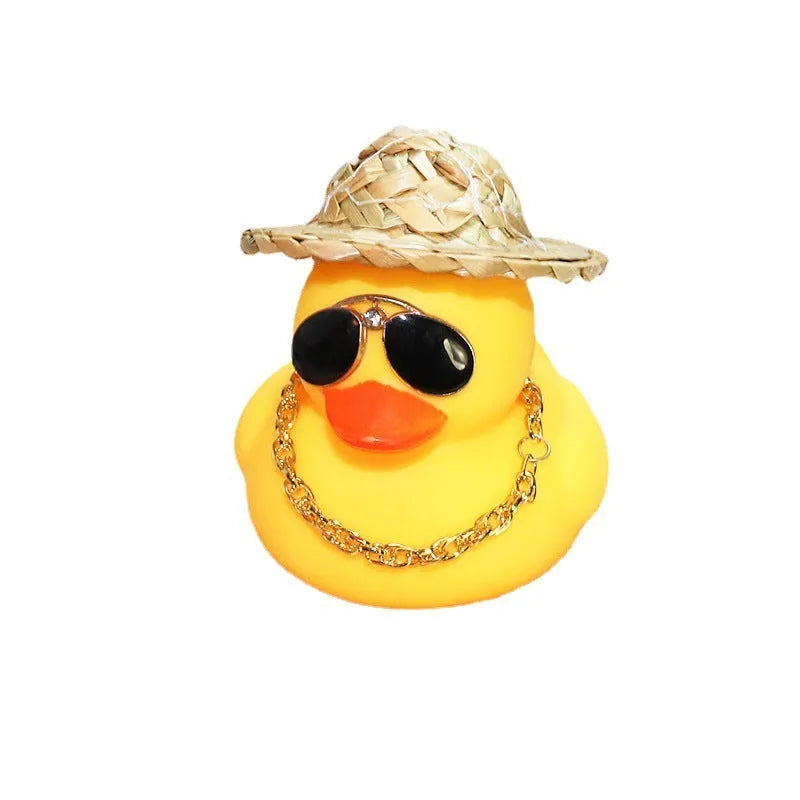 Yellow cartoon duck car ornament with straw hat and adhesive mounting kit