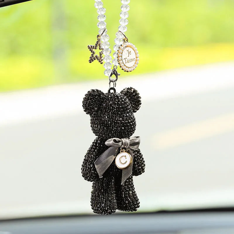 Violent Bear character car rearview mirror pendant with rhinestones in black, white, and pastel colours.