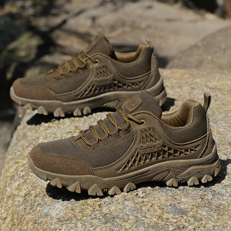 Men's casual outdoor mountaineering non-slip platform hiking shoes, khaki colour, PU mesh upper