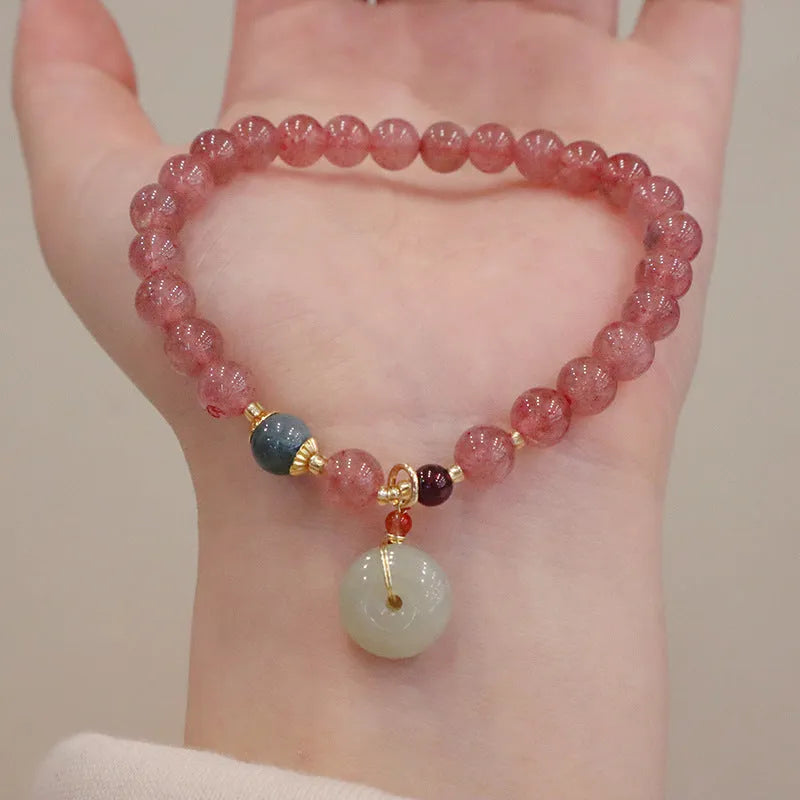 Geometric strawberry quartz and Hetian jade bracelet for women with a purse clasp.