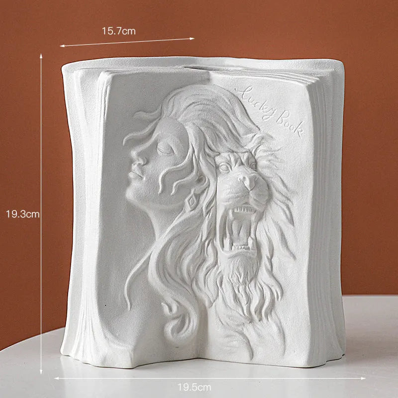 Ceramic book stand with glazed finish in one of four artistic designs on a desk.