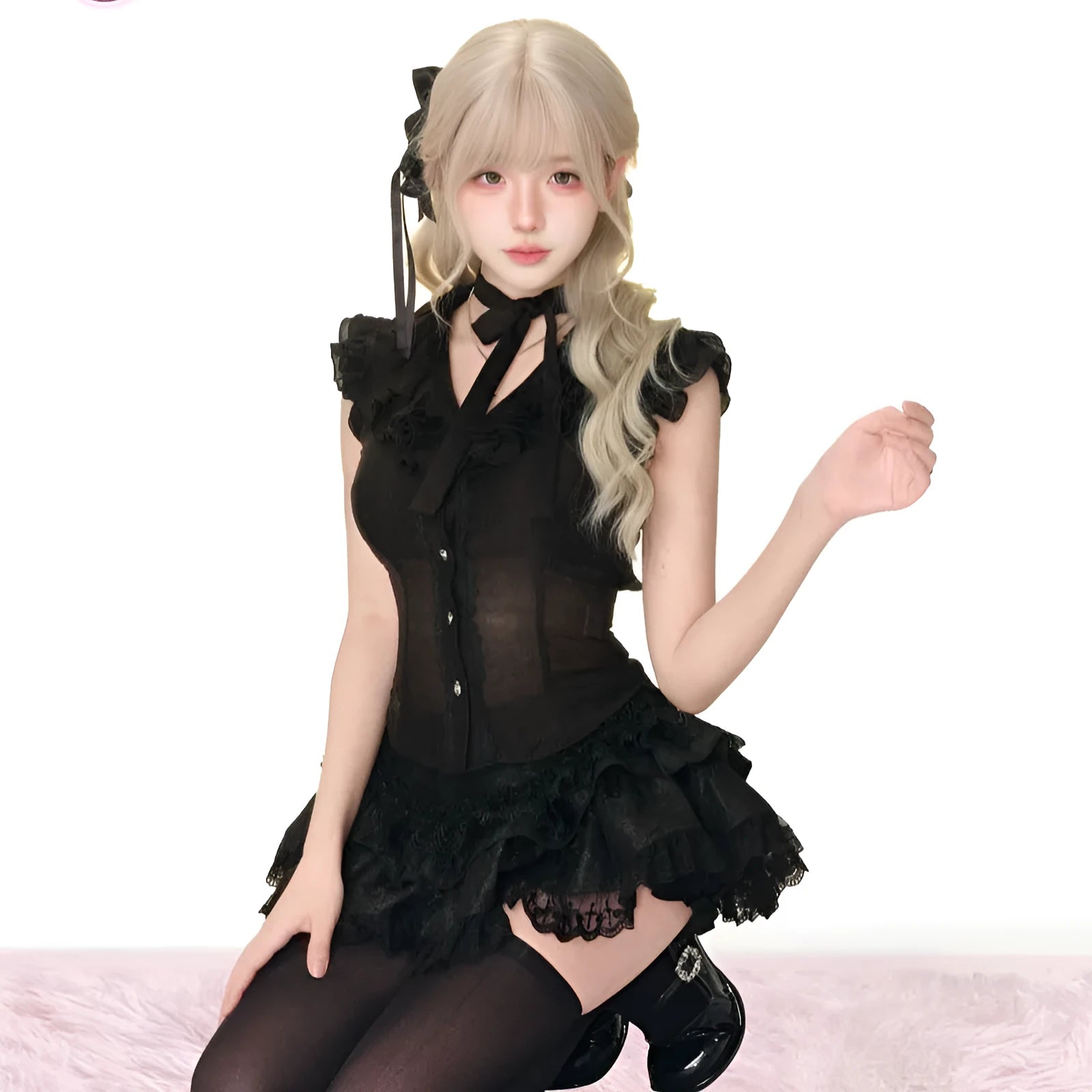 Black micro transparent top, lace cake dress, and knitted shawl three-piece Gothic set for women, summer style, Asian sizes
