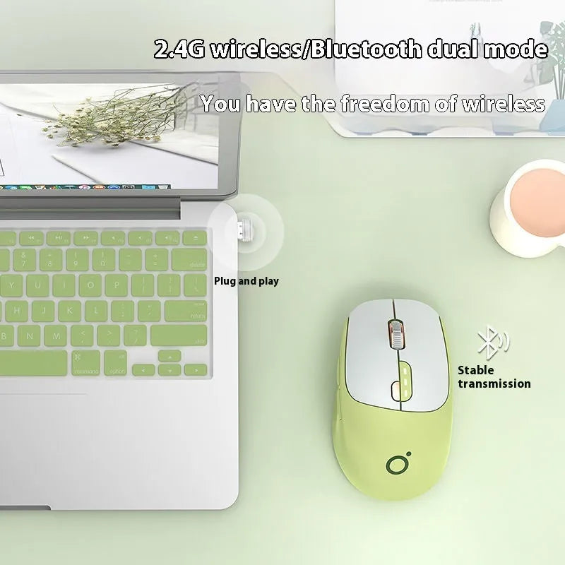 Mute wireless Bluetooth mouse in matcha green colour showing five-button design and compact ergonomic shape
