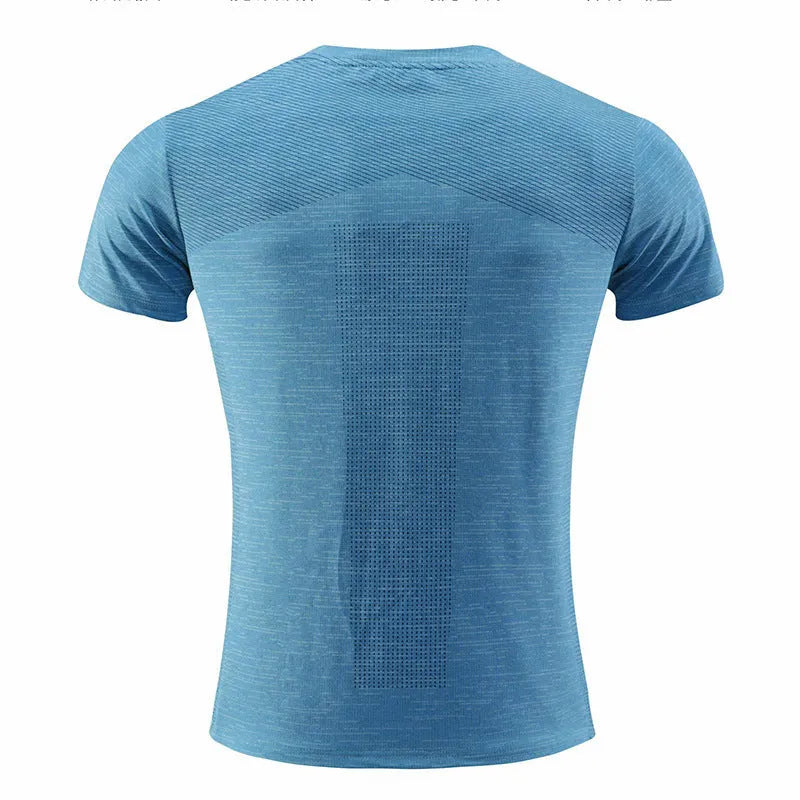 Men's red polyester spandex short sleeve sports t-shirt for running and basketball.