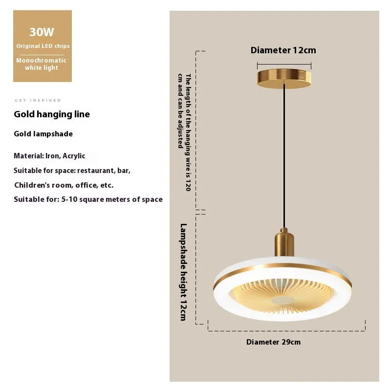 Modern minimalist ceiling fan lamp with light, golden chandelier finish, quiet muted motor for bedroom dining room