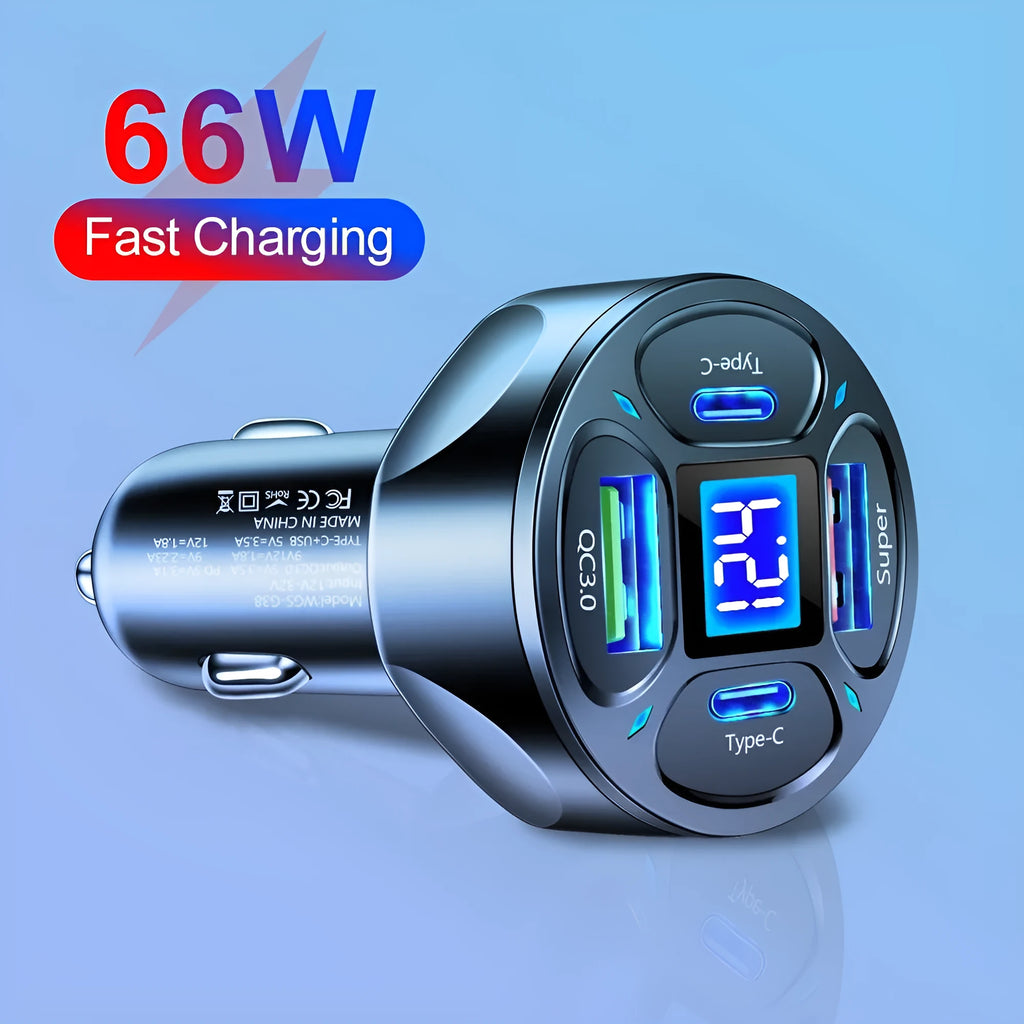 66W digital display car charger with two USB and two Type-C ports showing compact black design