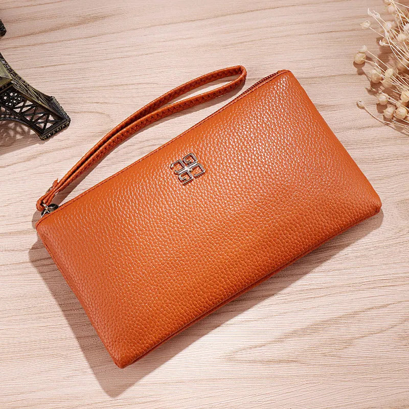 Long 55cm phone wallet handbag in PU leather with zipper closure and sewing line detail