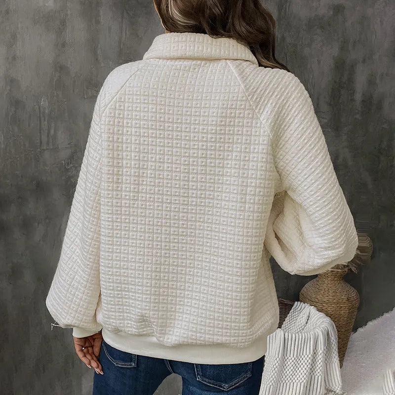 Women's thick polo collar sweater in milky white beige colour with long sleeves