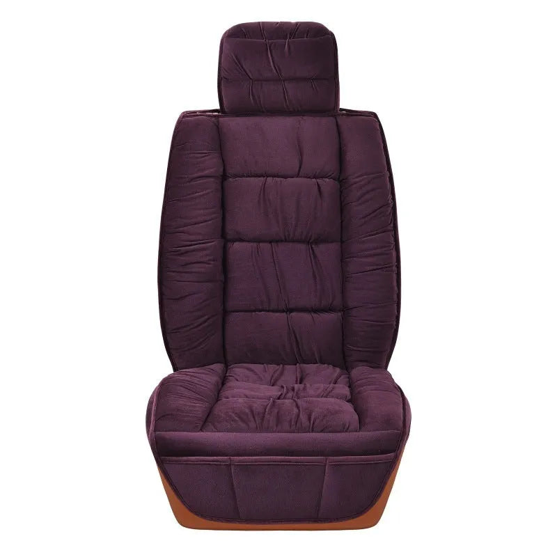 Short plush winter car seat cushion available in multiple colours including black, beige, grey, brown, and purple.