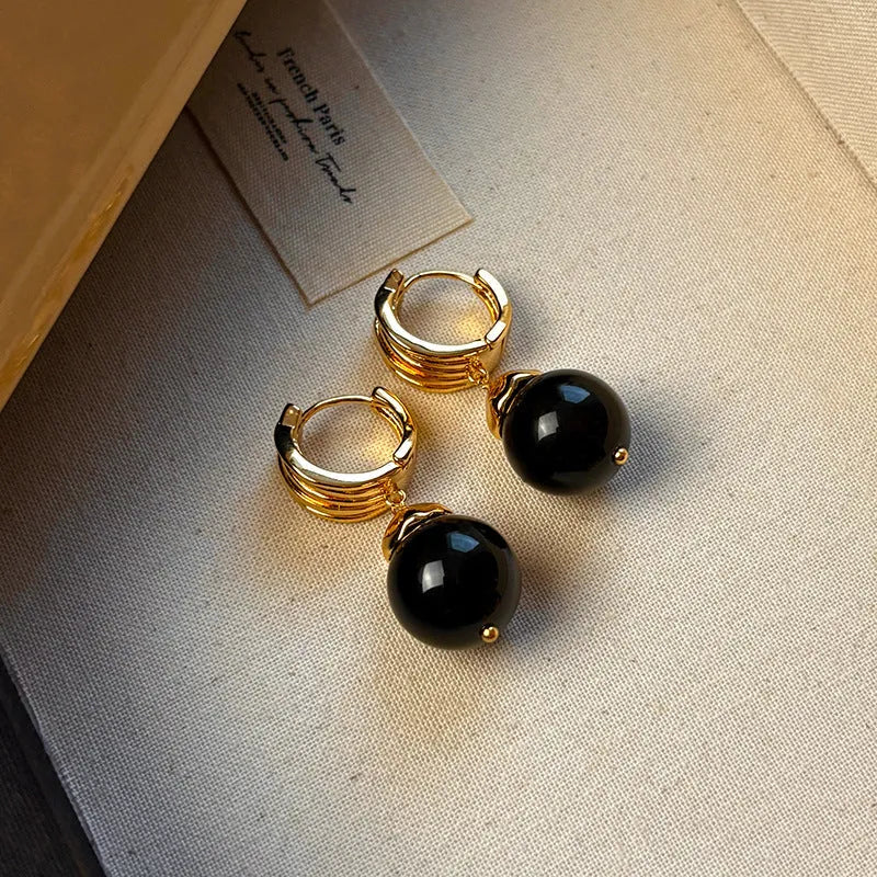 Tigereye geometric earrings with real gold plating in French retro style, available in brown and black colours