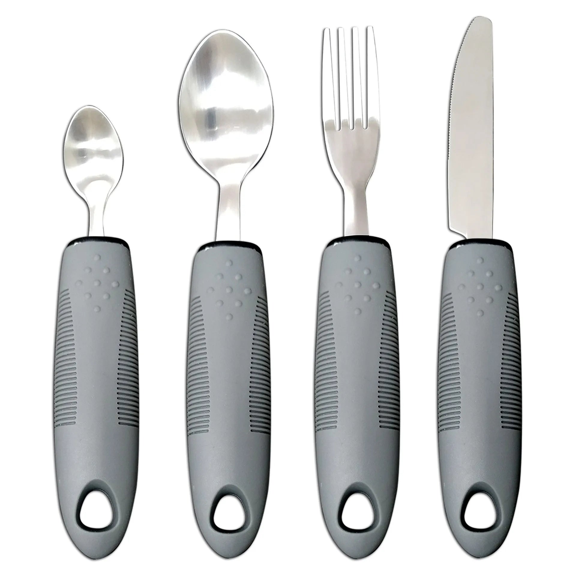 Stainless steel adaptive tableware with rubber handles in black and grey curved and straight designs