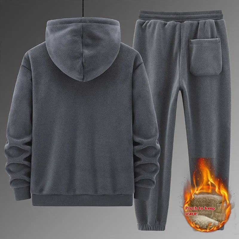 Men's grey cashmere hooded sweater and cotton pants casual sports suit set on hanger