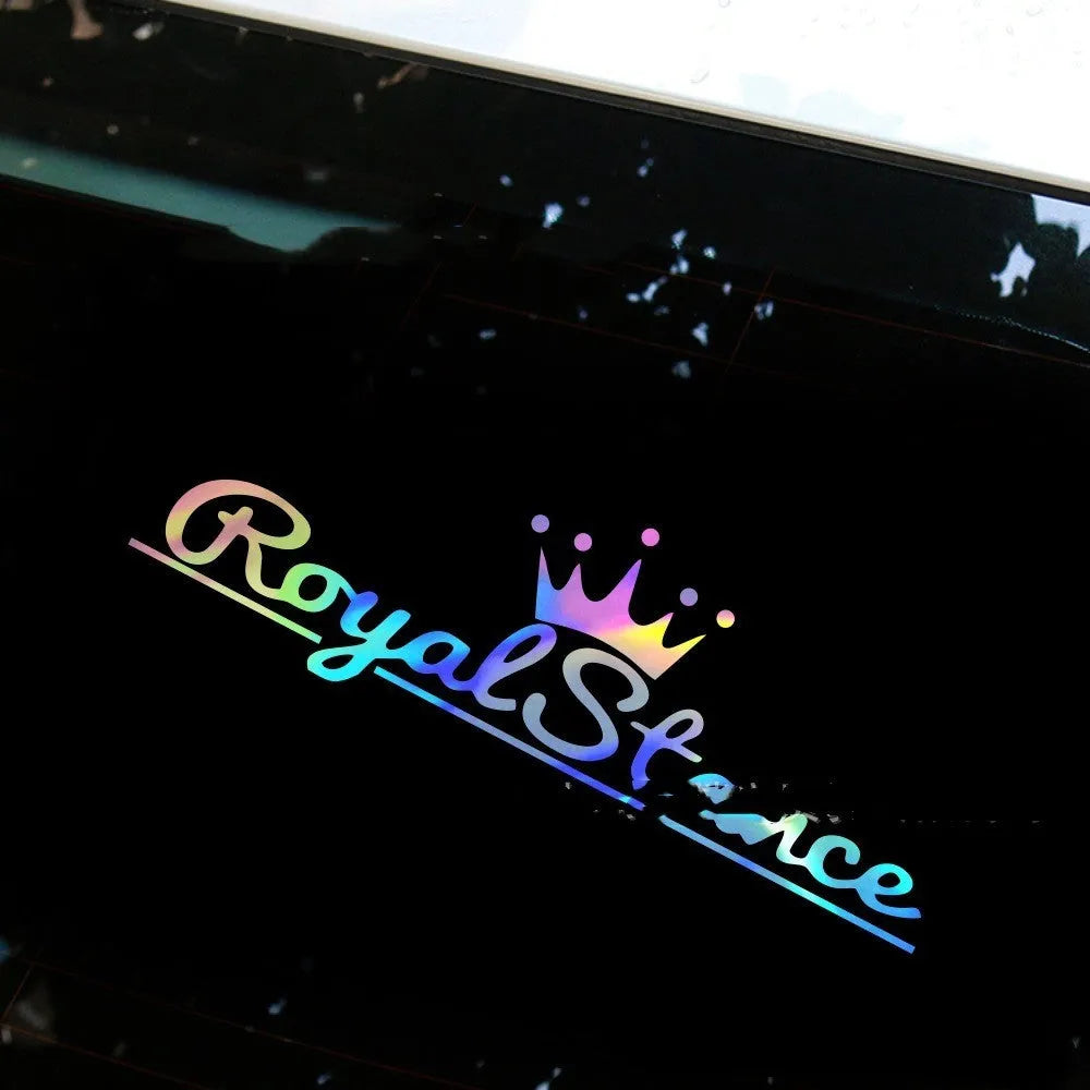 Reflective crown design car sticker on vinyl sheet, shown in multicolour, black, and white options.