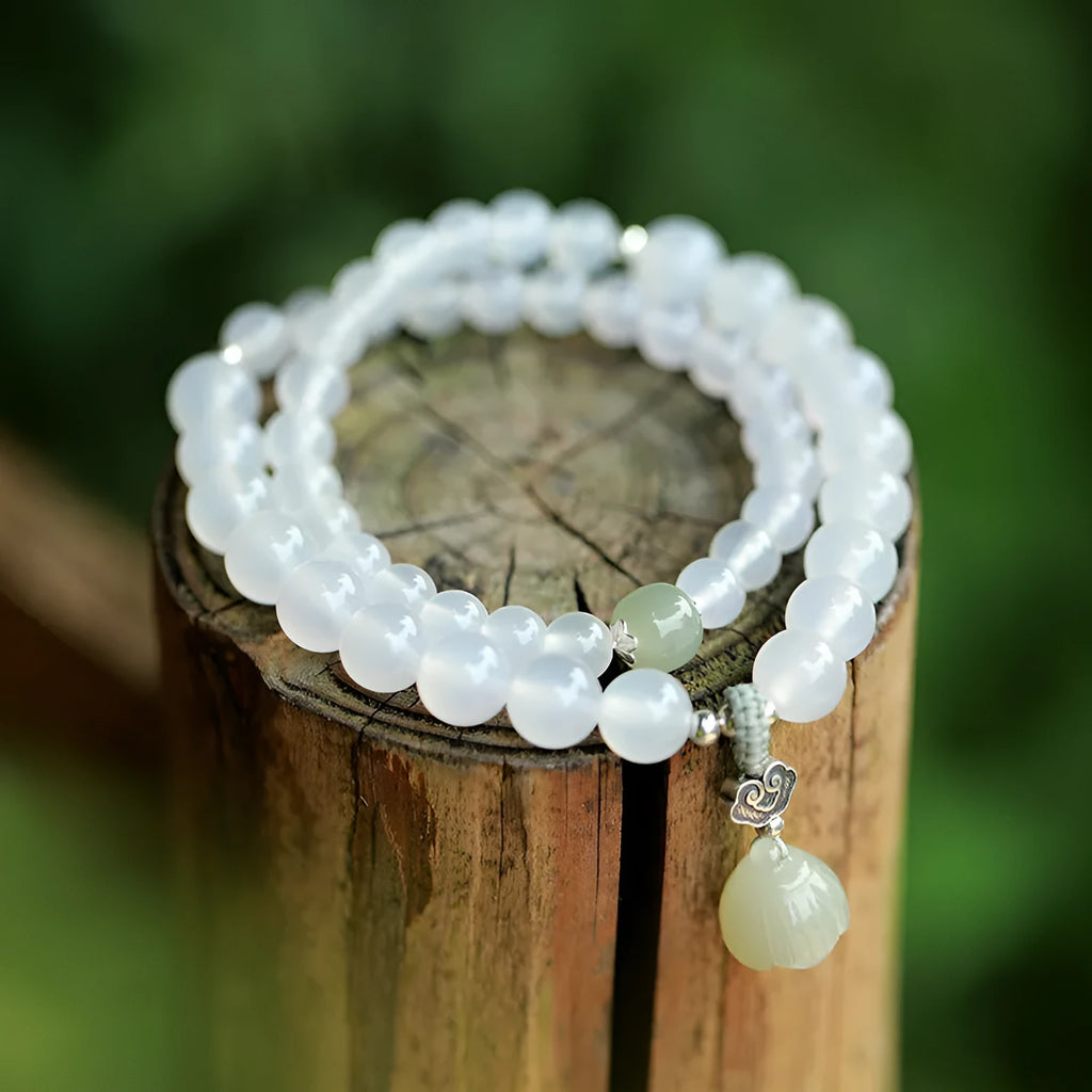 Women's S925 silver bracelet with white agate and Hetian jade stones in geometric design