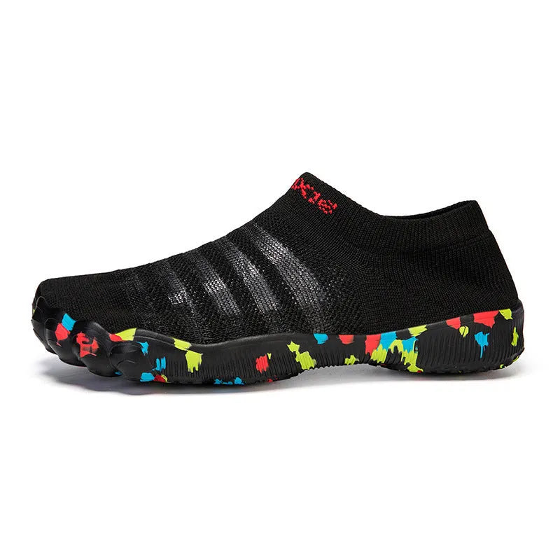 Men's camouflage flyknit water shoes with flat rubber sole and lace-up front