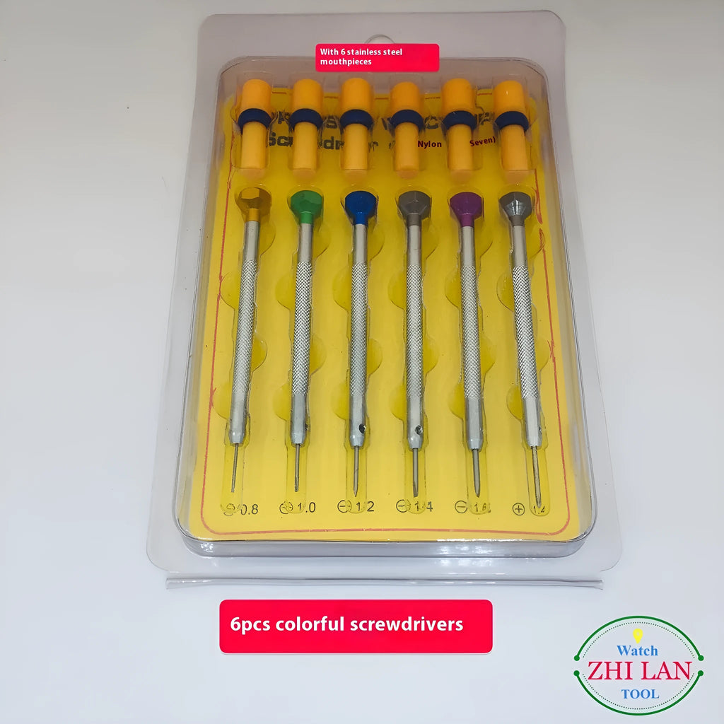 Six colour-coded aluminium handle screwdrivers for watch repair with meter repair tool