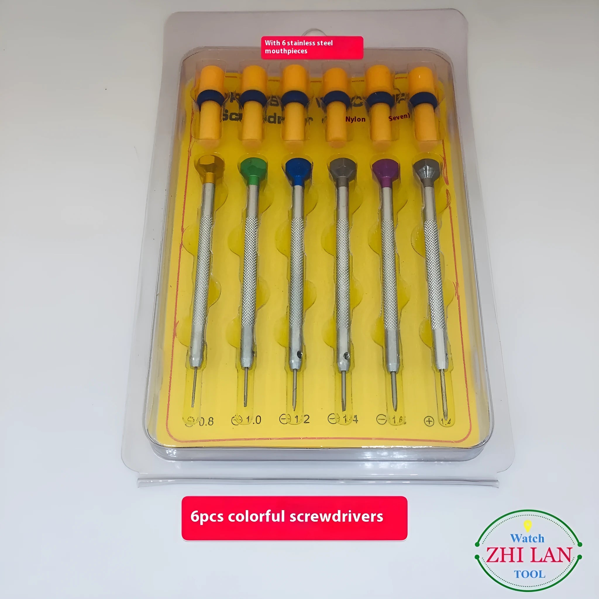 Six colour-coded aluminium handle screwdrivers for watch repair with meter repair tool